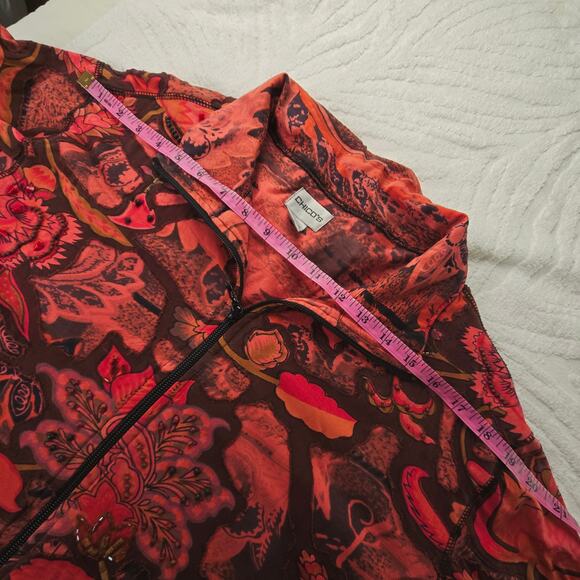 Chico's full zip Cotton sweatshirt beaded floral stretchy jacket XL 16 red brown - Picture 13 of 17